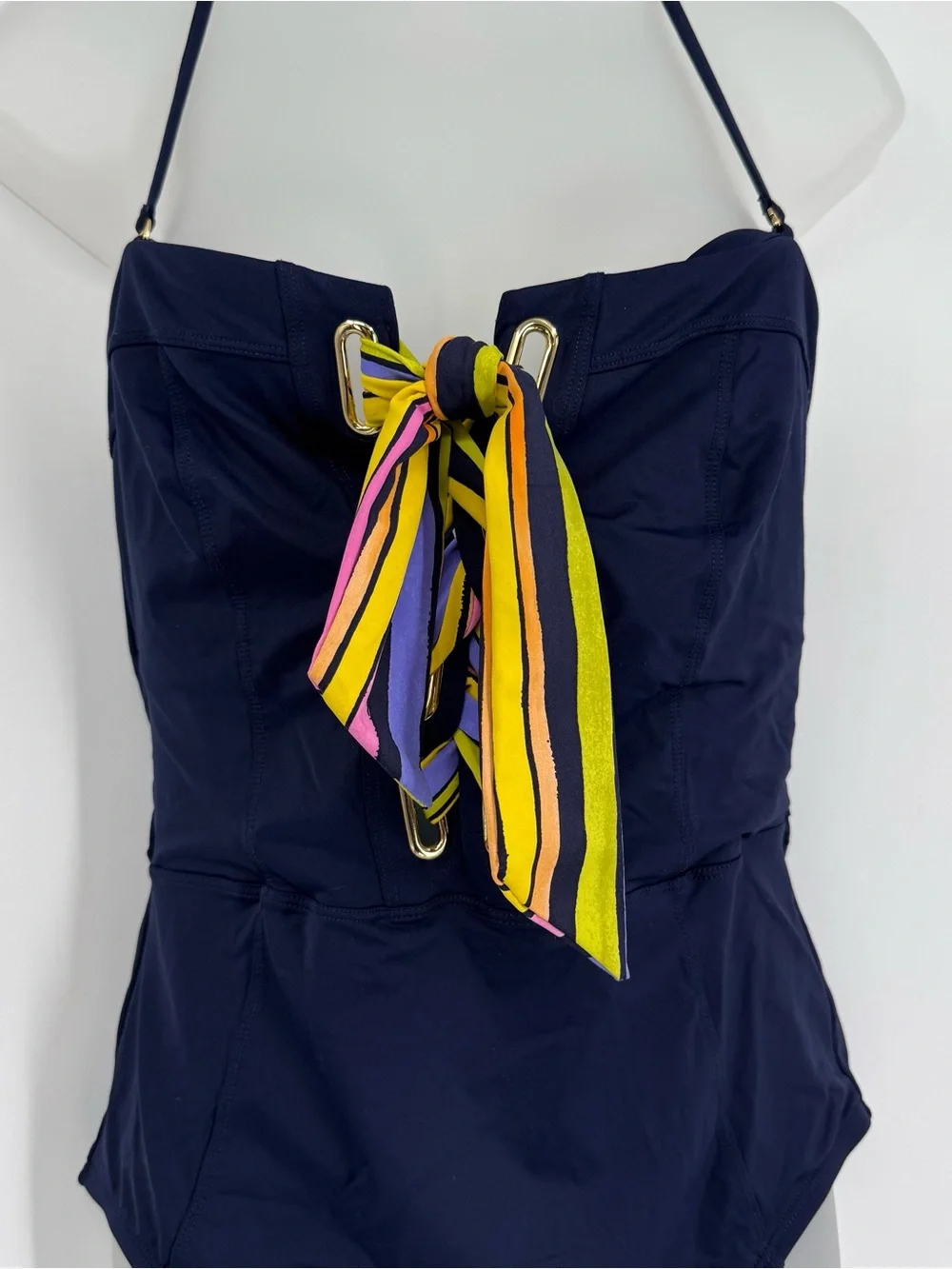 Trina Turk Bal Harbour Halter Bandeau One-Piece Swimsuit Navy Blue Size 12